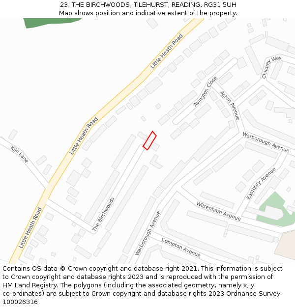 23, THE BIRCHWOODS, TILEHURST, READING, RG31 5UH: Location map and indicative extent of plot