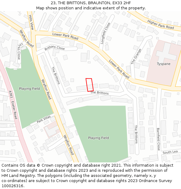 23, THE BRITTONS, BRAUNTON, EX33 2HF: Location map and indicative extent of plot