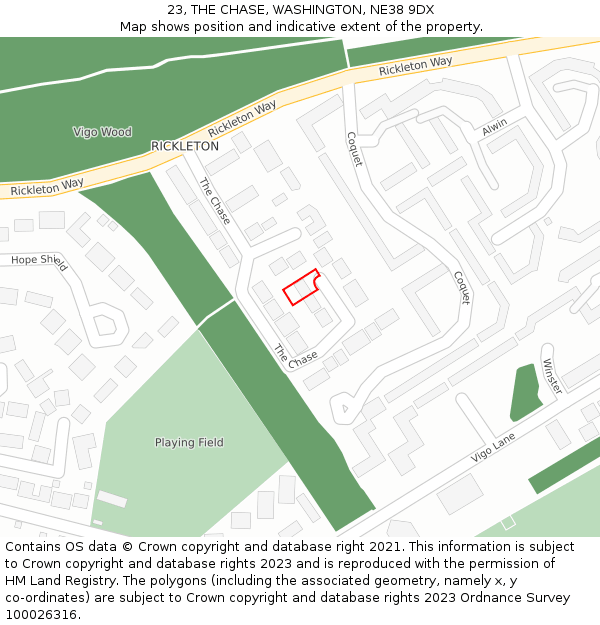 23, THE CHASE, WASHINGTON, NE38 9DX: Location map and indicative extent of plot