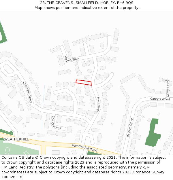 23, THE CRAVENS, SMALLFIELD, HORLEY, RH6 9QS: Location map and indicative extent of plot