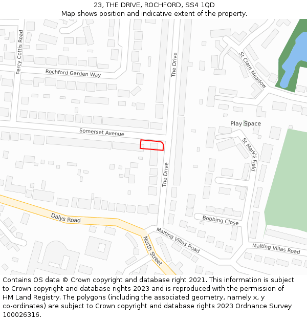 23, THE DRIVE, ROCHFORD, SS4 1QD: Location map and indicative extent of plot