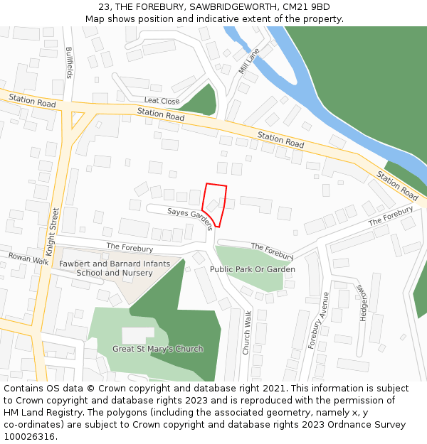 23, THE FOREBURY, SAWBRIDGEWORTH, CM21 9BD: Location map and indicative extent of plot