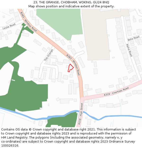 23, THE GRANGE, CHOBHAM, WOKING, GU24 8NQ: Location map and indicative extent of plot