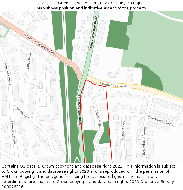 23, THE GRANGE, WILPSHIRE, BLACKBURN, BB1 9JU: Location map and indicative extent of plot