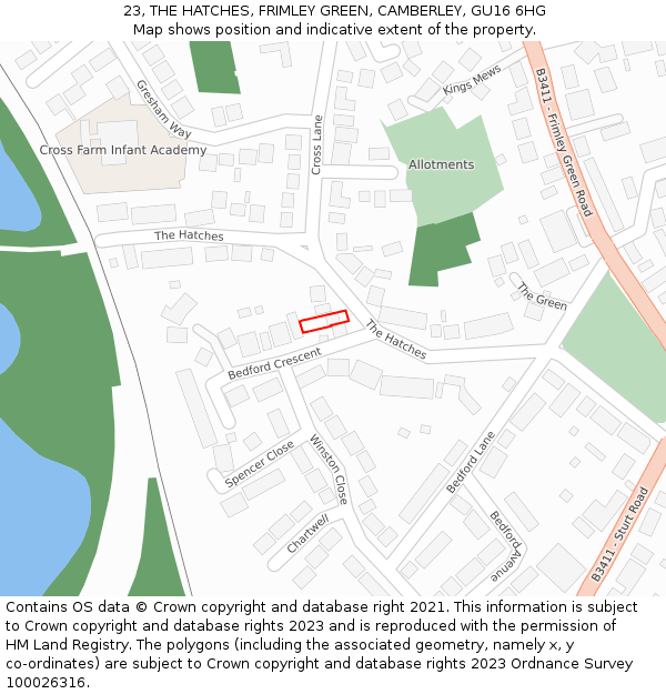 23, THE HATCHES, FRIMLEY GREEN, CAMBERLEY, GU16 6HG: Location map and indicative extent of plot
