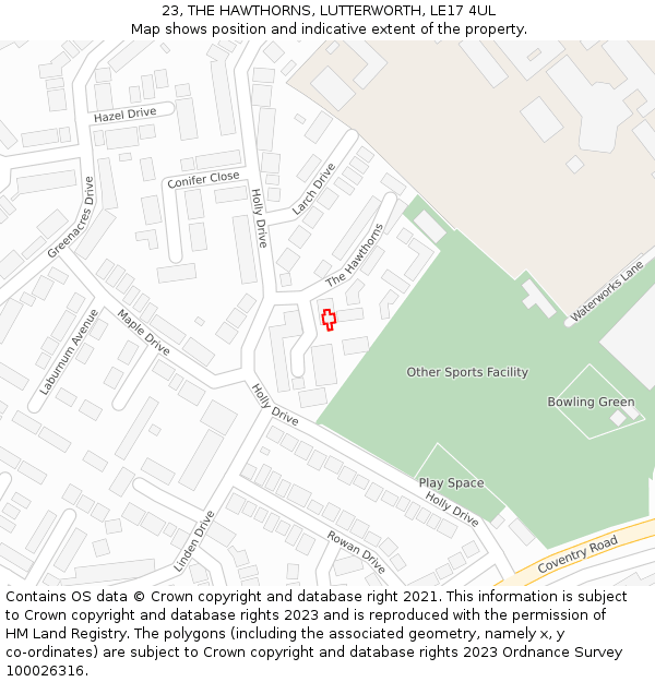 23, THE HAWTHORNS, LUTTERWORTH, LE17 4UL: Location map and indicative extent of plot