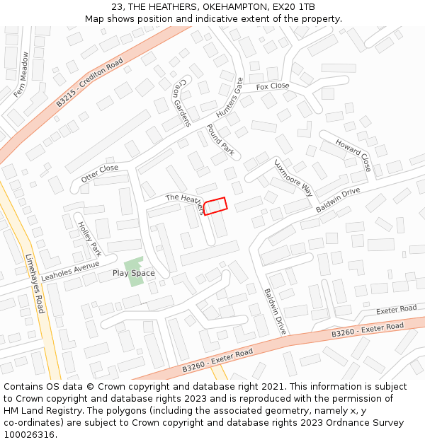 23, THE HEATHERS, OKEHAMPTON, EX20 1TB: Location map and indicative extent of plot