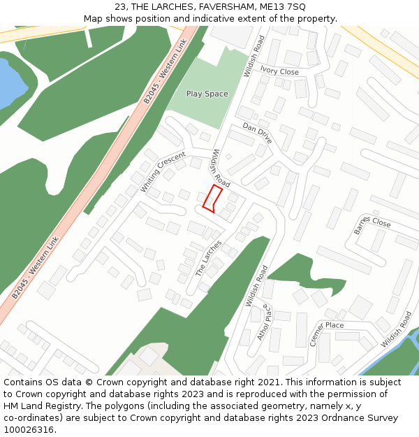 23, THE LARCHES, FAVERSHAM, ME13 7SQ: Location map and indicative extent of plot