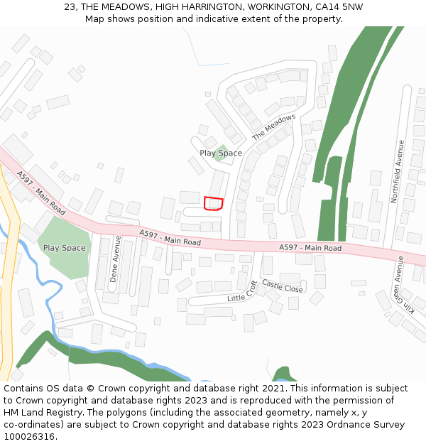 23, THE MEADOWS, HIGH HARRINGTON, WORKINGTON, CA14 5NW: Location map and indicative extent of plot