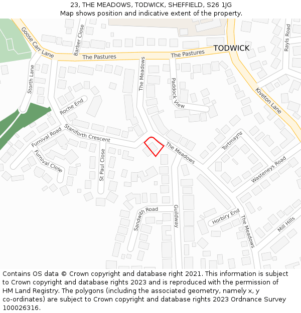 23, THE MEADOWS, TODWICK, SHEFFIELD, S26 1JG: Location map and indicative extent of plot