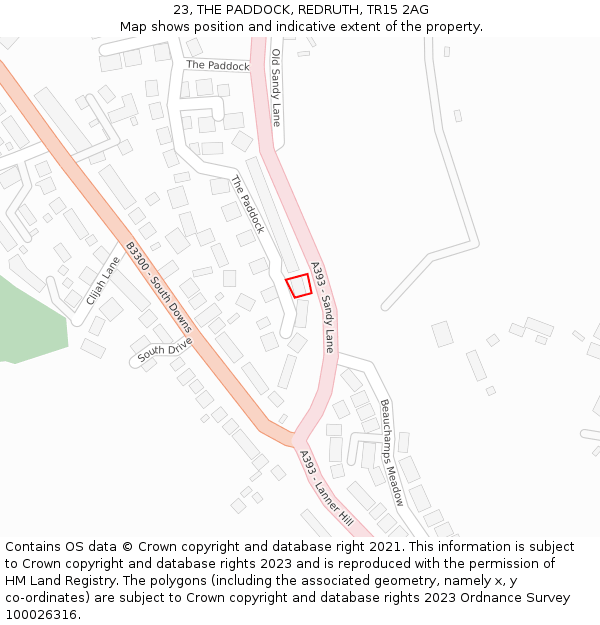 23, THE PADDOCK, REDRUTH, TR15 2AG: Location map and indicative extent of plot