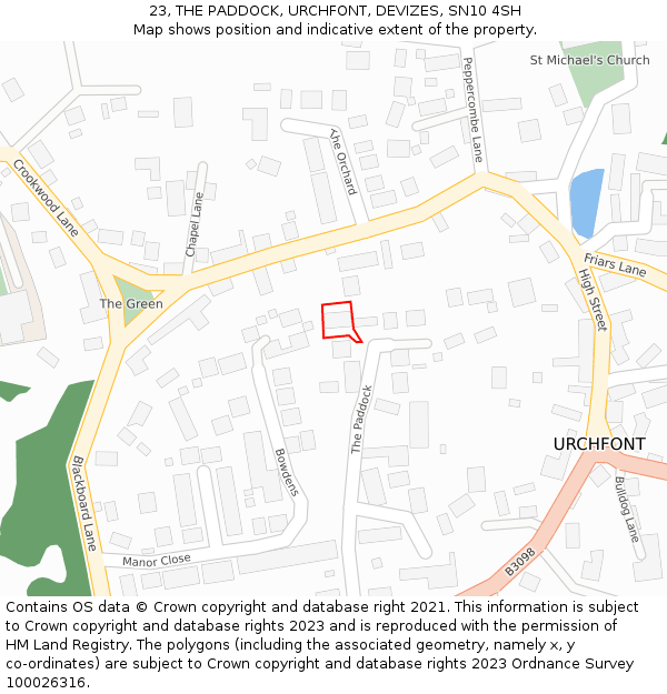 23, THE PADDOCK, URCHFONT, DEVIZES, SN10 4SH: Location map and indicative extent of plot