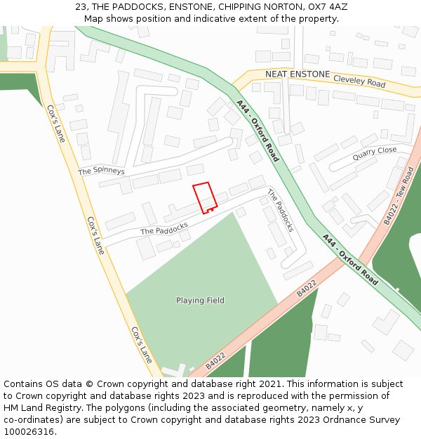 23, THE PADDOCKS, ENSTONE, CHIPPING NORTON, OX7 4AZ: Location map and indicative extent of plot