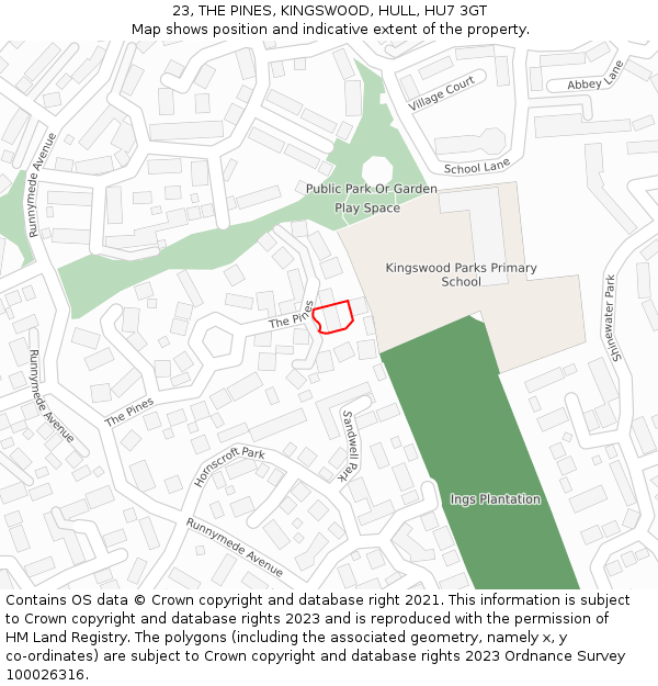 23, THE PINES, KINGSWOOD, HULL, HU7 3GT: Location map and indicative extent of plot