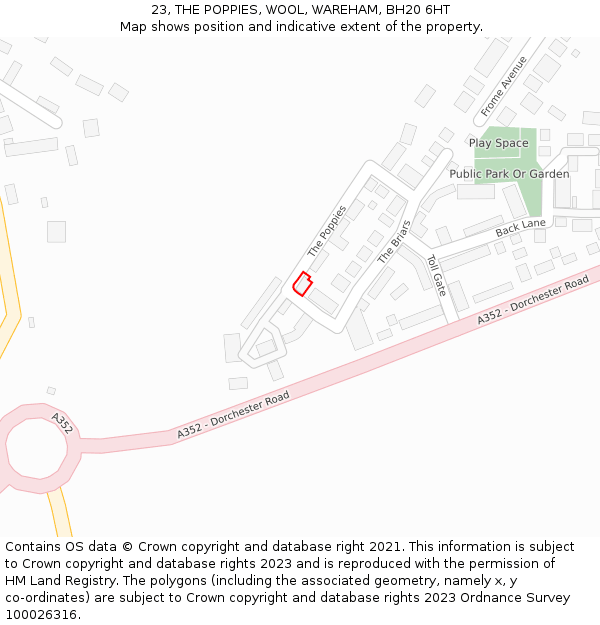 23, THE POPPIES, WOOL, WAREHAM, BH20 6HT: Location map and indicative extent of plot