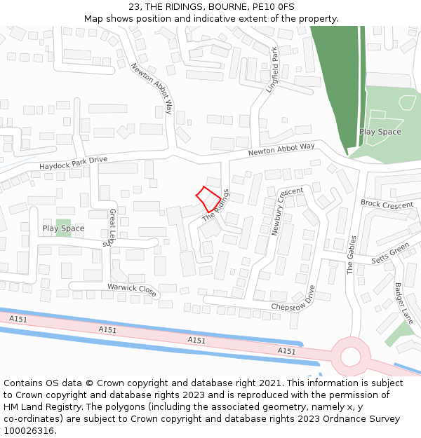 23, THE RIDINGS, BOURNE, PE10 0FS: Location map and indicative extent of plot