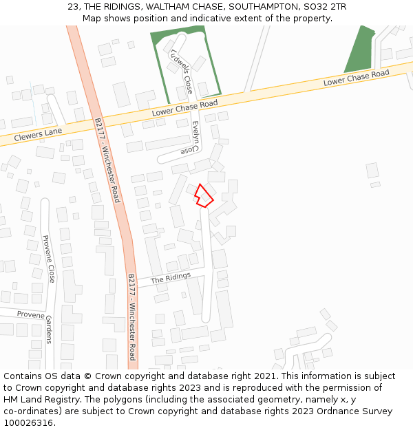 23, THE RIDINGS, WALTHAM CHASE, SOUTHAMPTON, SO32 2TR: Location map and indicative extent of plot