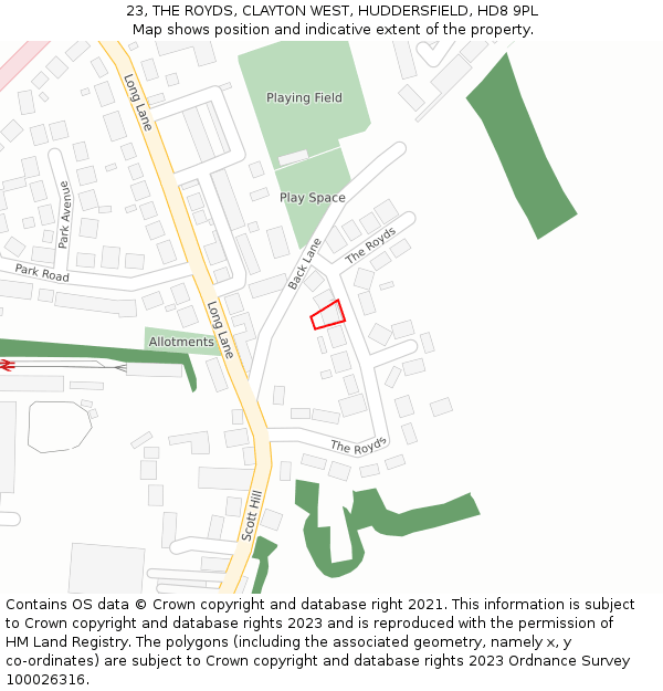 23, THE ROYDS, CLAYTON WEST, HUDDERSFIELD, HD8 9PL: Location map and indicative extent of plot