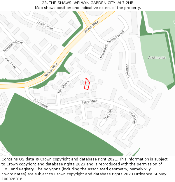 23, THE SHAWS, WELWYN GARDEN CITY, AL7 2HR: Location map and indicative extent of plot