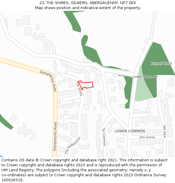 23, THE SHIRES, GILWERN, ABERGAVENNY, NP7 0EX: Location map and indicative extent of plot