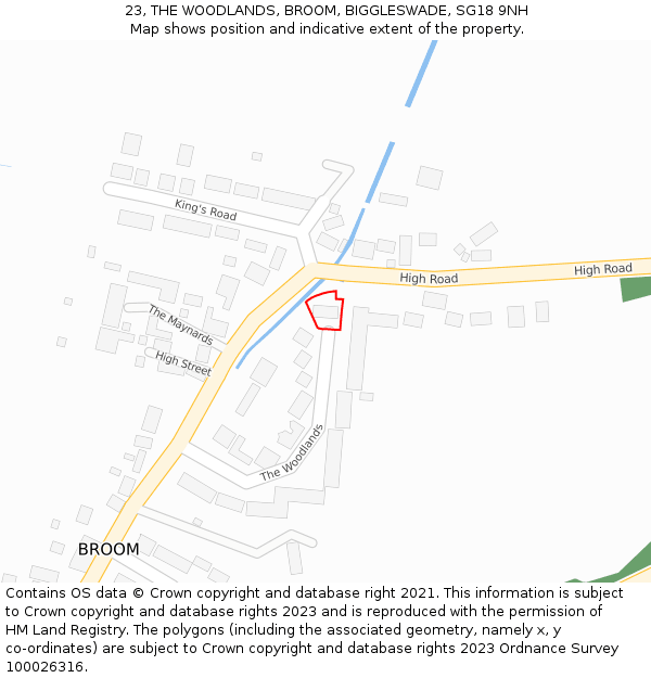 23, THE WOODLANDS, BROOM, BIGGLESWADE, SG18 9NH: Location map and indicative extent of plot