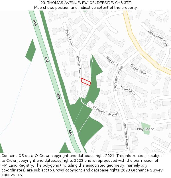 23, THOMAS AVENUE, EWLOE, DEESIDE, CH5 3TZ: Location map and indicative extent of plot