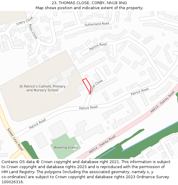 23, THOMAS CLOSE, CORBY, NN18 9NG: Location map and indicative extent of plot