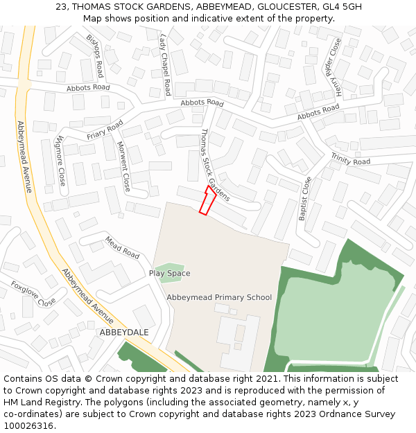 23, THOMAS STOCK GARDENS, ABBEYMEAD, GLOUCESTER, GL4 5GH: Location map and indicative extent of plot