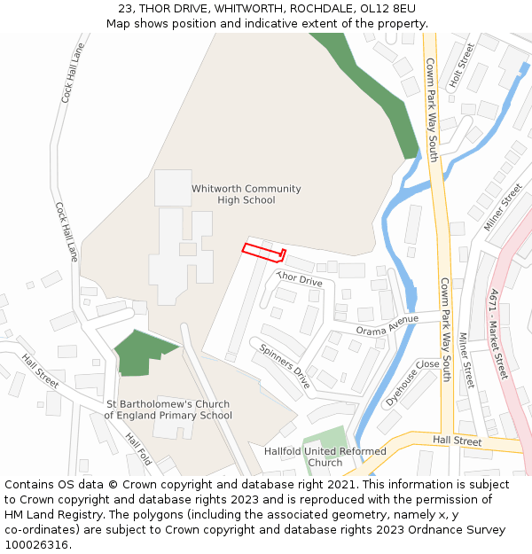 23, THOR DRIVE, WHITWORTH, ROCHDALE, OL12 8EU: Location map and indicative extent of plot