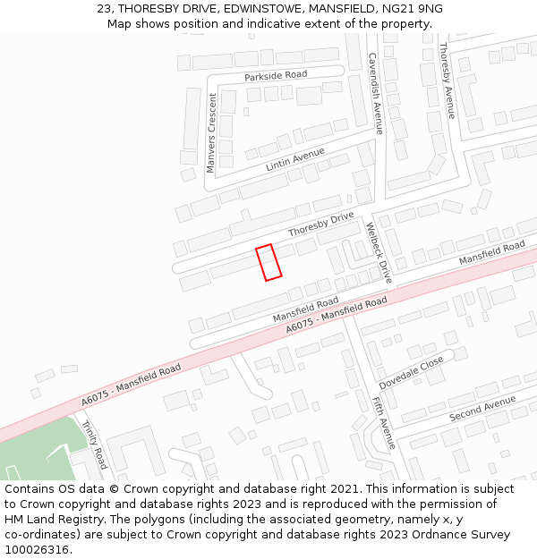 23, THORESBY DRIVE, EDWINSTOWE, MANSFIELD, NG21 9NG: Location map and indicative extent of plot