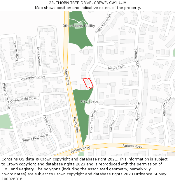 23, THORN TREE DRIVE, CREWE, CW1 4UA: Location map and indicative extent of plot