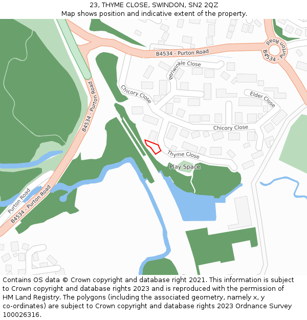 23, THYME CLOSE, SWINDON, SN2 2QZ: Location map and indicative extent of plot