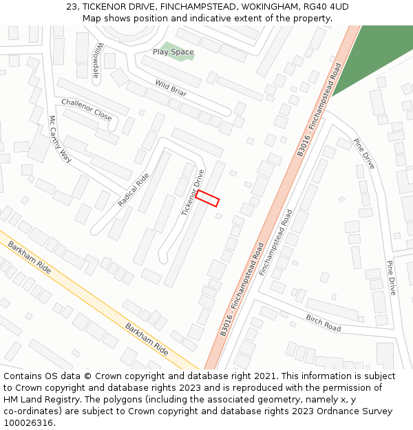 23, TICKENOR DRIVE, FINCHAMPSTEAD, WOKINGHAM, RG40 4UD: Location map and indicative extent of plot