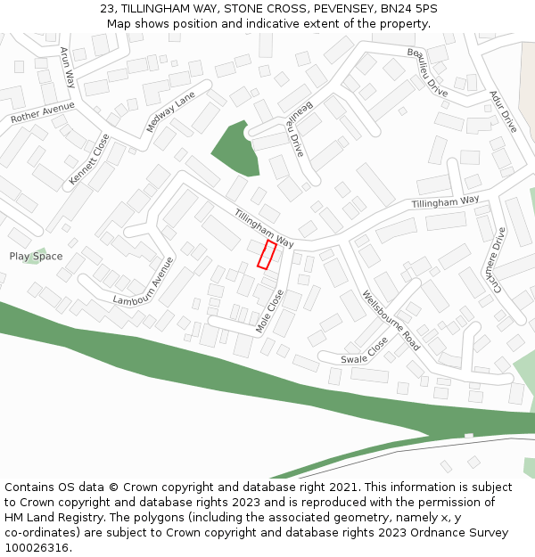 23, TILLINGHAM WAY, STONE CROSS, PEVENSEY, BN24 5PS: Location map and indicative extent of plot