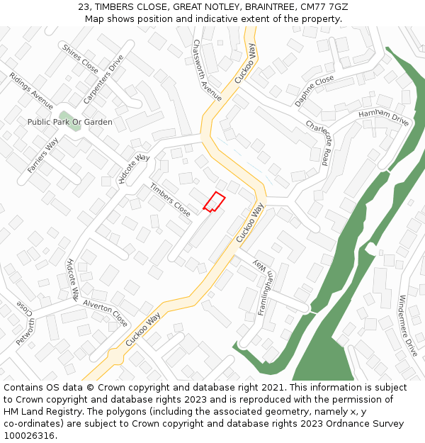 23, TIMBERS CLOSE, GREAT NOTLEY, BRAINTREE, CM77 7GZ: Location map and indicative extent of plot