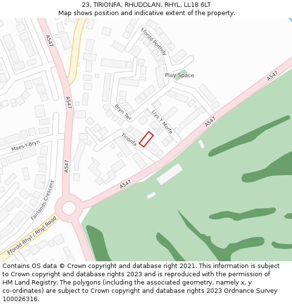 23, TIRIONFA, RHUDDLAN, RHYL, LL18 6LT: Location map and indicative extent of plot