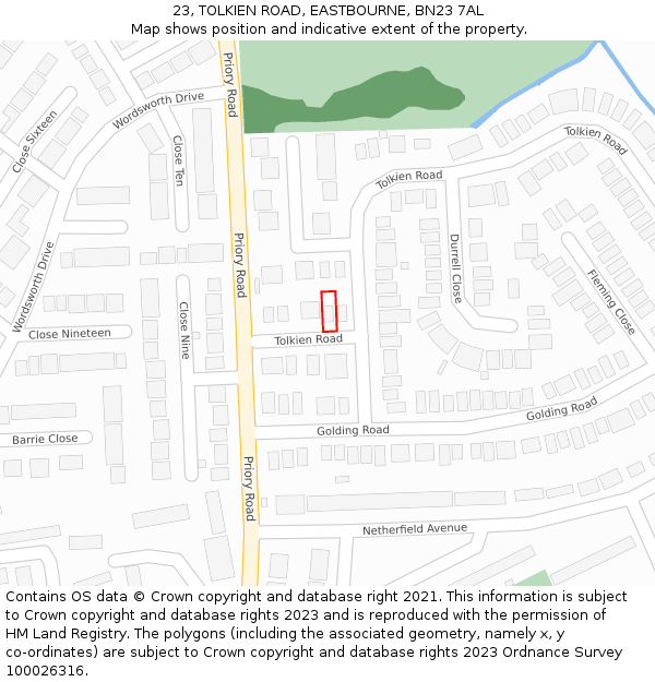 23, TOLKIEN ROAD, EASTBOURNE, BN23 7AL: Location map and indicative extent of plot