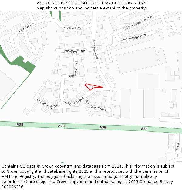 23, TOPAZ CRESCENT, SUTTON-IN-ASHFIELD, NG17 1NX: Location map and indicative extent of plot