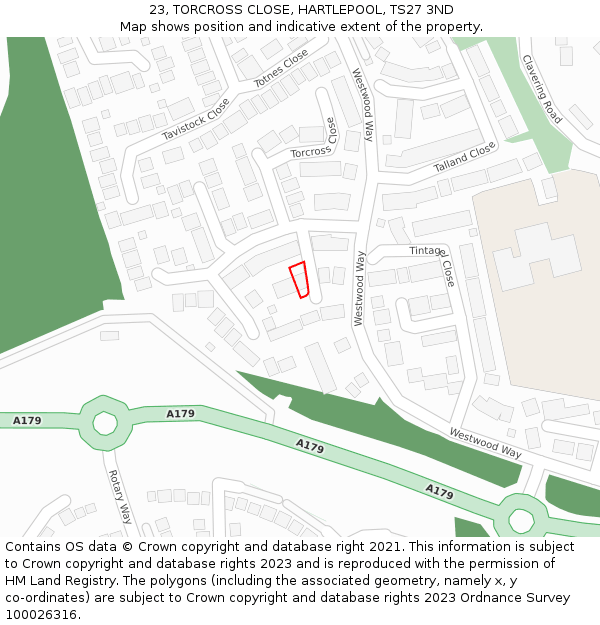 23, TORCROSS CLOSE, HARTLEPOOL, TS27 3ND: Location map and indicative extent of plot