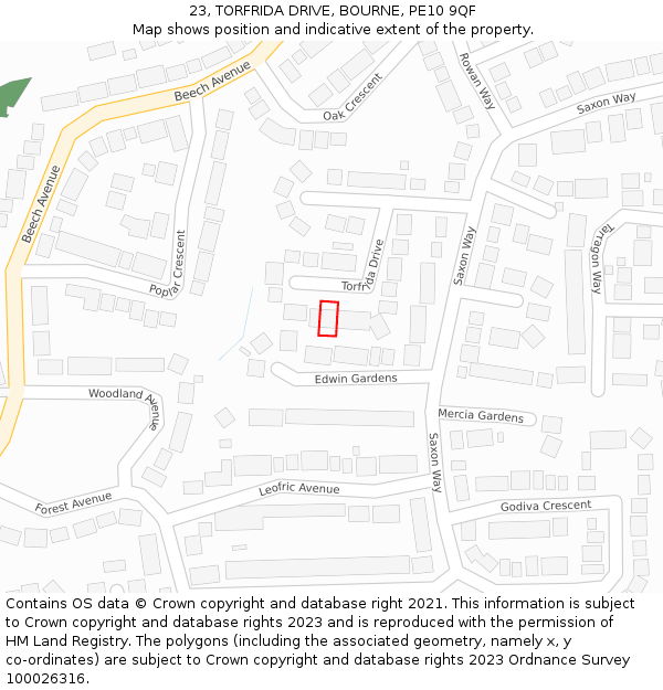 23, TORFRIDA DRIVE, BOURNE, PE10 9QF: Location map and indicative extent of plot