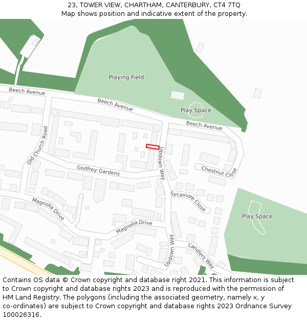 23, TOWER VIEW, CHARTHAM, CANTERBURY, CT4 7TQ: Location map and indicative extent of plot