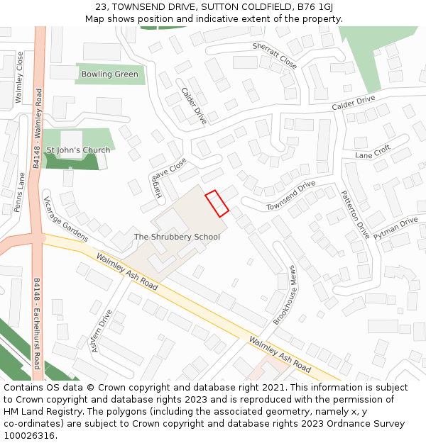 23, TOWNSEND DRIVE, SUTTON COLDFIELD, B76 1GJ: Location map and indicative extent of plot