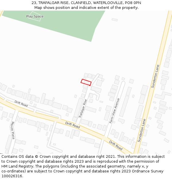 23, TRAFALGAR RISE, CLANFIELD, WATERLOOVILLE, PO8 0PN: Location map and indicative extent of plot