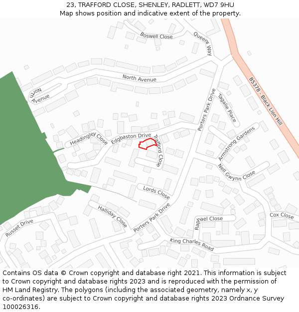 23, TRAFFORD CLOSE, SHENLEY, RADLETT, WD7 9HU: Location map and indicative extent of plot