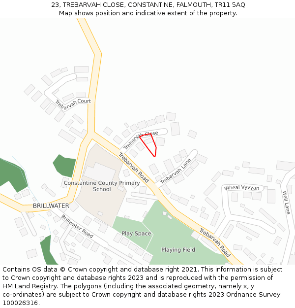 23, TREBARVAH CLOSE, CONSTANTINE, FALMOUTH, TR11 5AQ: Location map and indicative extent of plot