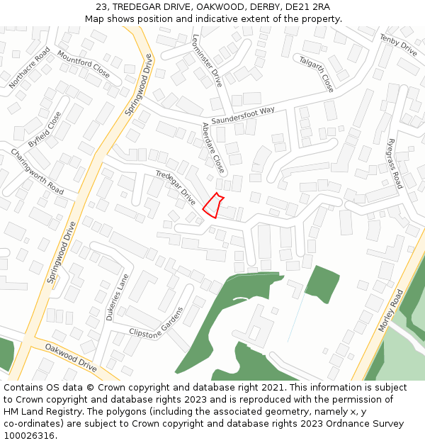 23, TREDEGAR DRIVE, OAKWOOD, DERBY, DE21 2RA: Location map and indicative extent of plot