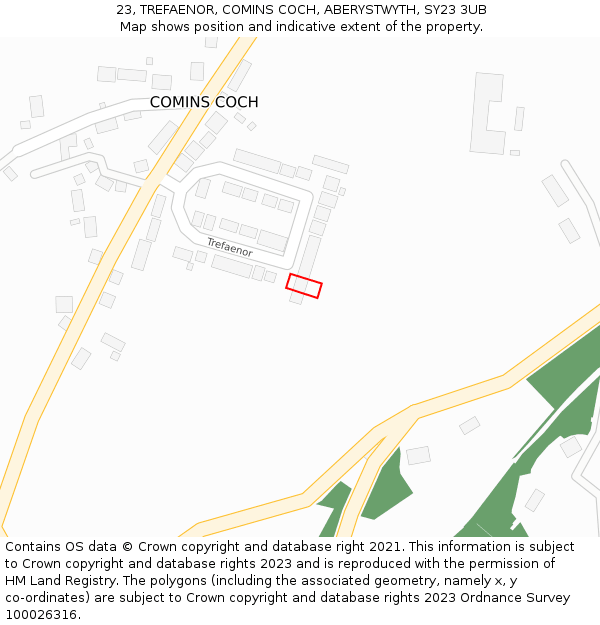 23, TREFAENOR, COMINS COCH, ABERYSTWYTH, SY23 3UB: Location map and indicative extent of plot