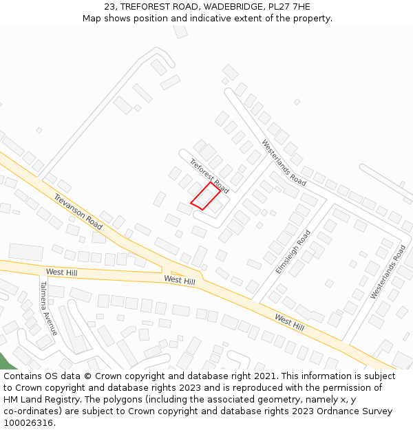 23, TREFOREST ROAD, WADEBRIDGE, PL27 7HE: Location map and indicative extent of plot