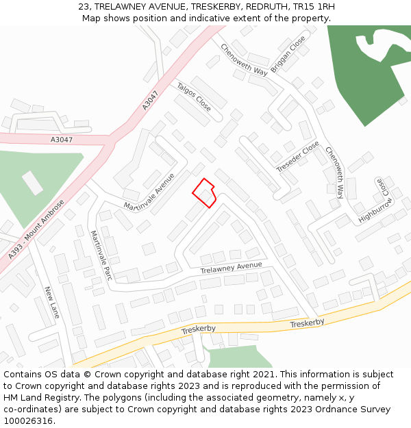 23, TRELAWNEY AVENUE, TRESKERBY, REDRUTH, TR15 1RH: Location map and indicative extent of plot