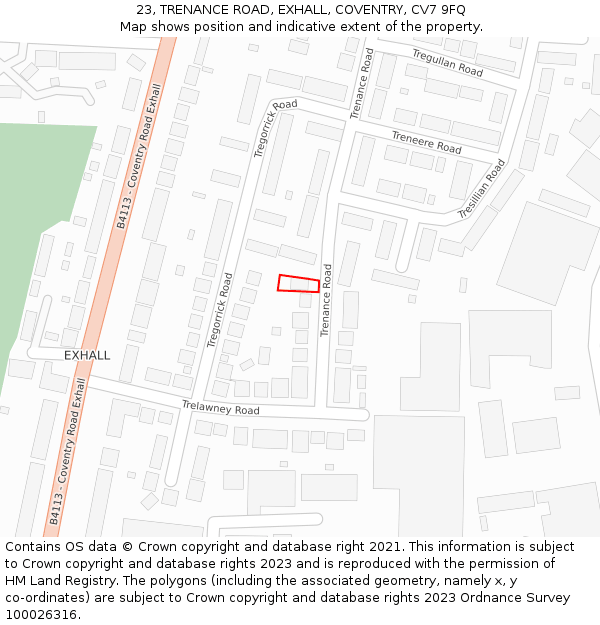 23, TRENANCE ROAD, EXHALL, COVENTRY, CV7 9FQ: Location map and indicative extent of plot